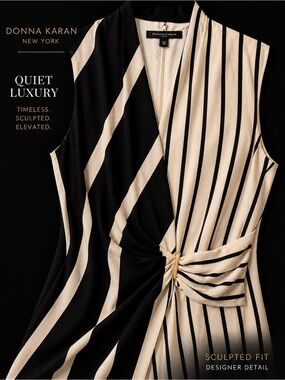 Donna Karan Striped Wrap Dress 10 Black Cream Gold Accent Midi Workwear Cocktail